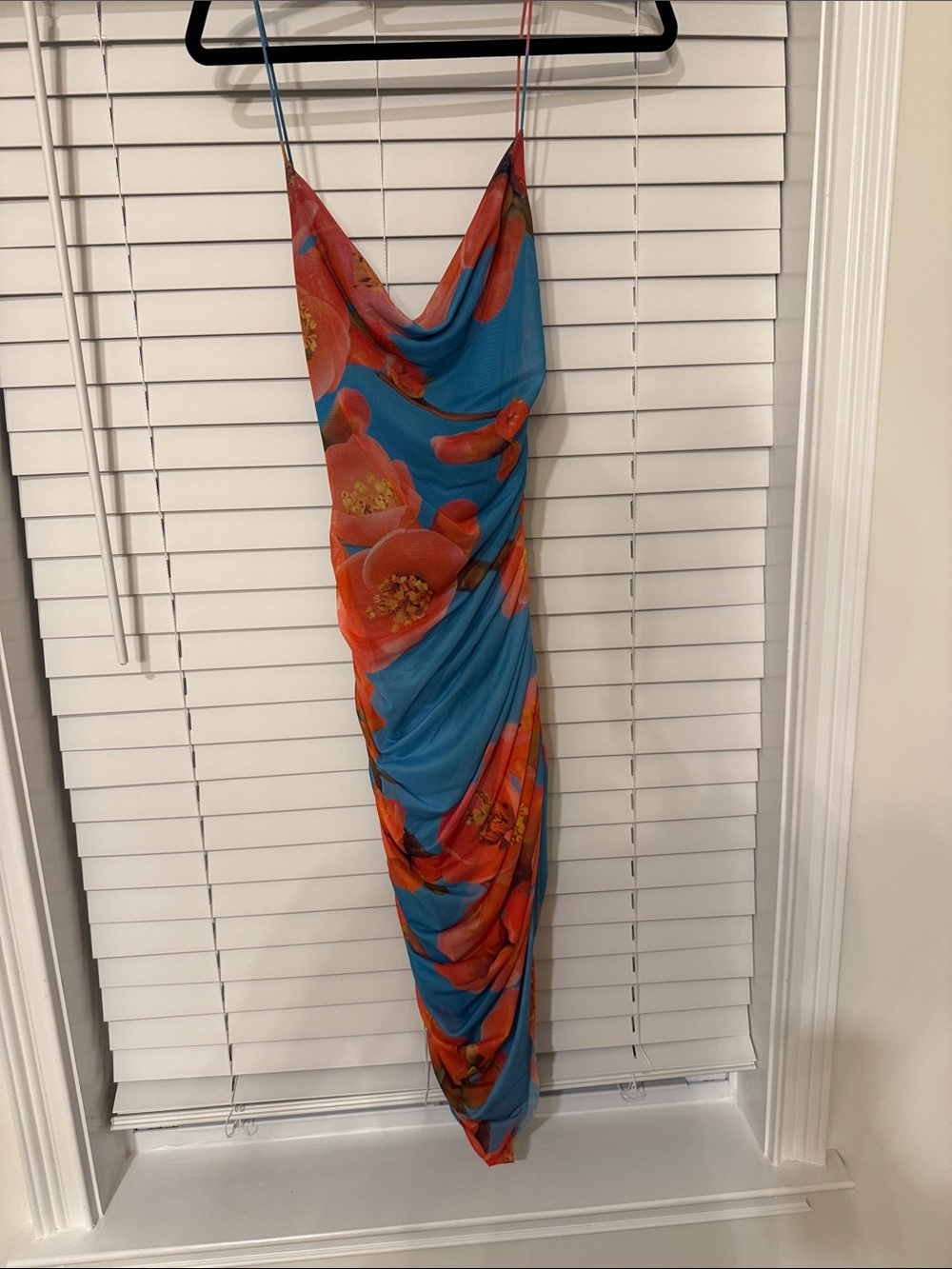 Zara Blue Slip Maxi Dress with Orange Floral Print